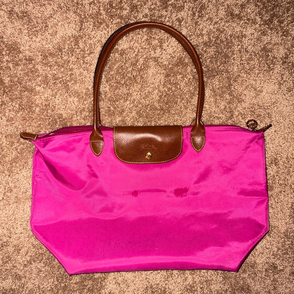 Longchamp Fuchsia Tote with Brown Trim